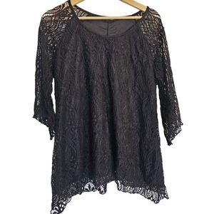 Brittany Black Lace Sheer 3/4 Sleeve‎ Tunic Top XL Women Black